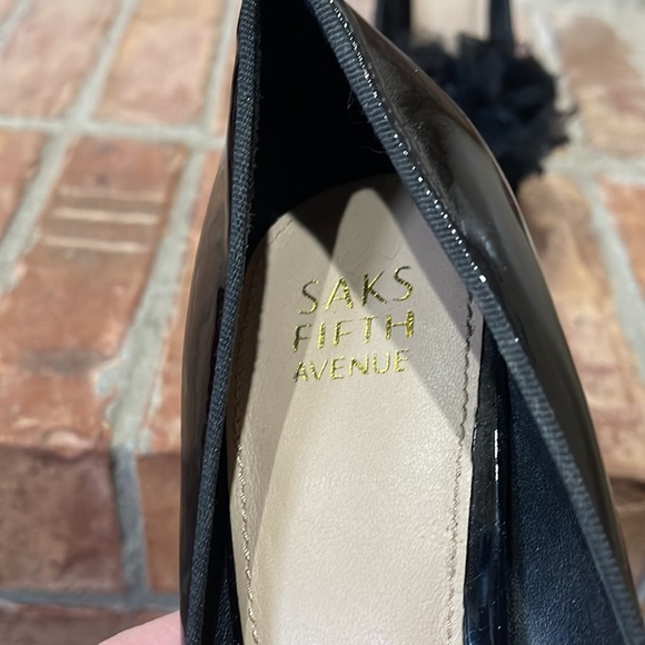 Saks Fifth Avenue Black Patent Leather Pom Pom Peep Toe Heels - Picture 5 of 6